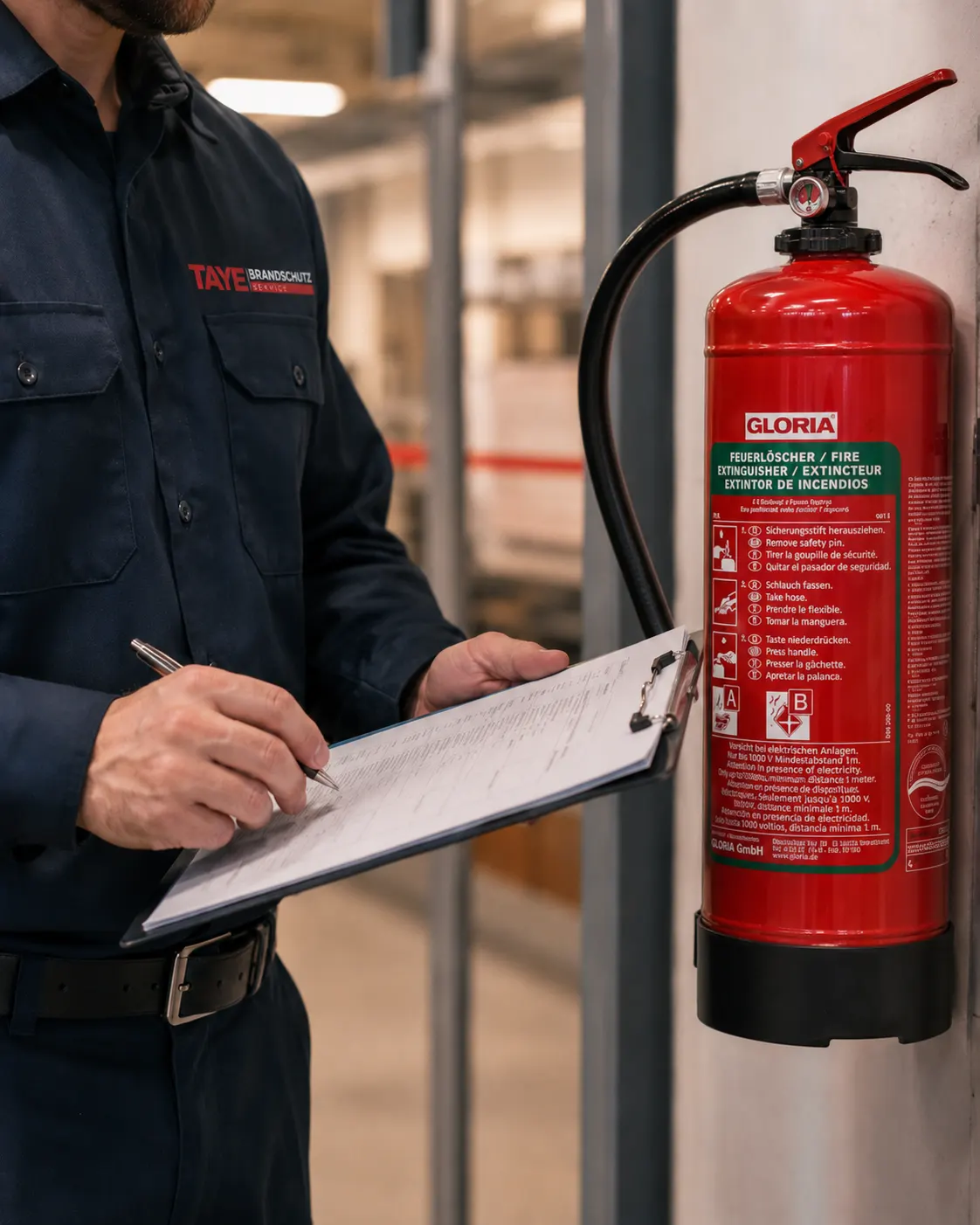 Brandschutz-Techniker prüft einen Feuerlöscher vor Ort